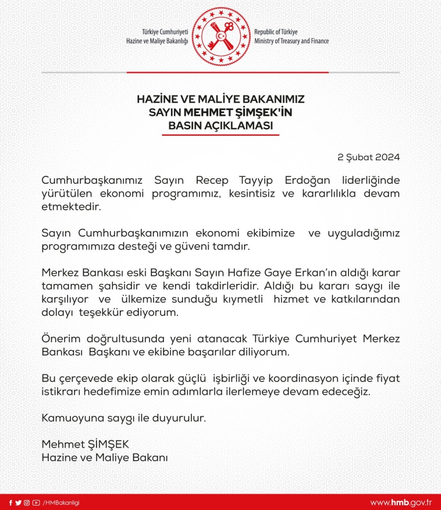 Mehmet Şimşek'ten Gaye Erkan'ın istifası sonrası açıklama